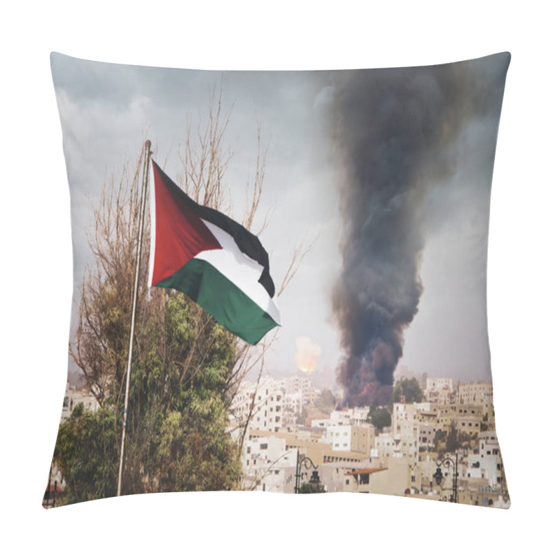 Personality  The Flag Of Palestine On The Mountain On The Background Of The Houses In The City. The War In The Middle East. Explosion With Black Smoke In The City. Pillow Covers