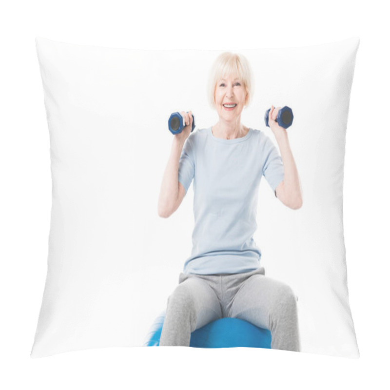 Personality  Senior Sportswoman With Dumbbells Sitting On Fitness Ball Isolated On White Pillow Covers