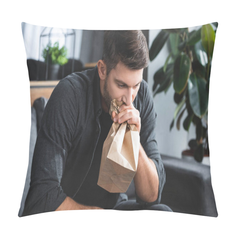 Personality  Handsome Man With Panic Attack Breathing In Paper Bag In Apartment  Pillow Covers