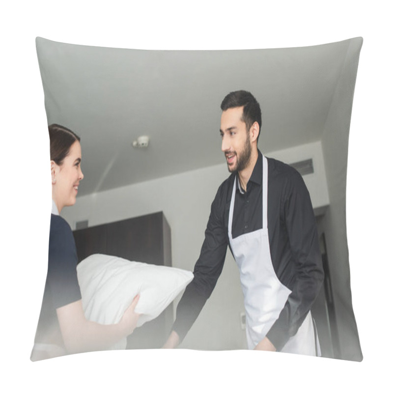 Personality  Young Positive Housekeepers Changing Bedding In Modern Hotel Room  Pillow Covers