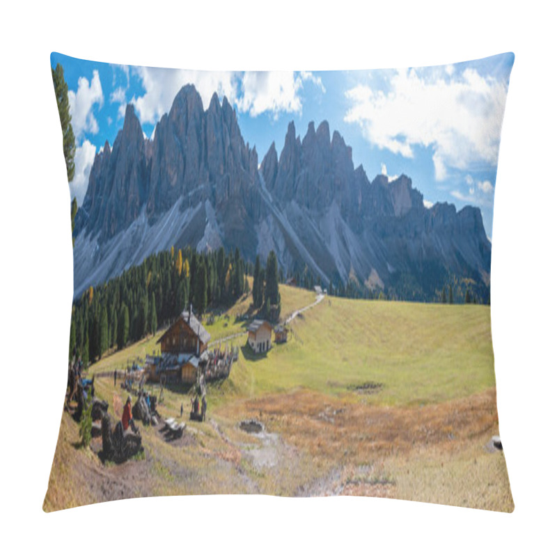 Personality  Under A Clear Blue Sky, Visitors Relax In The Expansive Meadows Of The Dolomites, Enjoying Breathtaking Mountain Views And Warm Sunlight. Geisleralm Dolomites Val Di Funes In Italy Pillow Covers