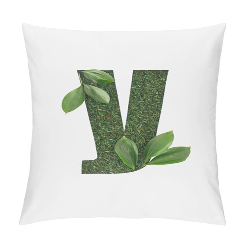 Personality  Top View Of Cyrillic Letter Made Of Green Grass With Fresh Leaves Isolated On White Pillow Covers