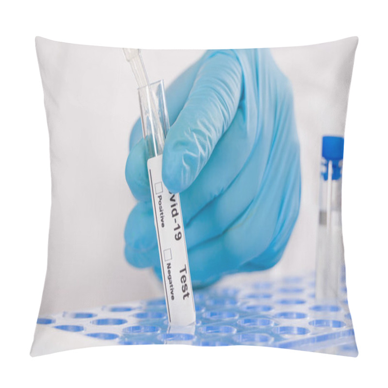 Personality  Close Up Of Hands In Blue Gloves Holding A Test Tube After Virus Analysis With (antibody) Result Markers Pillow Covers