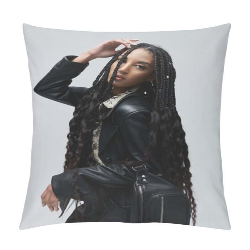 Personality  A Young African American Woman In Black Leather Poses Against A Grey Background With Long Braids Cascading Down Her Back For An Edgy Look Pillow Covers