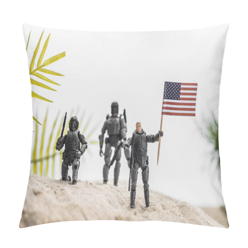 Personality  Selective Focus Of Toy Soldiers Holding American Flag On Sand Hill Pillow Covers