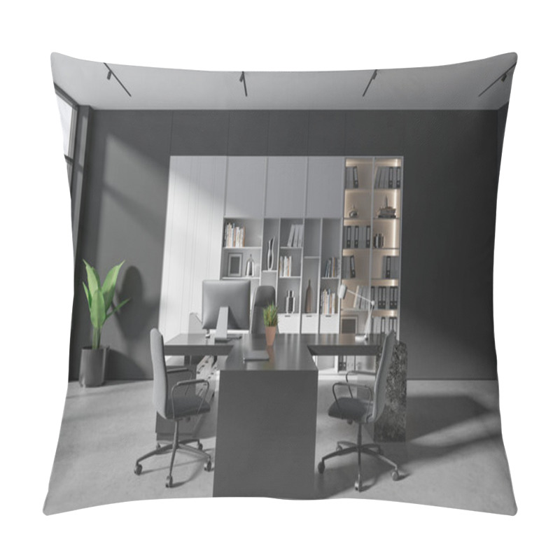 Personality  Interior Of Stylish CEO Office With Gray Walls, Concrete Floor, Comfortable Dark Wooden Computer Desk With Chairs For Visitors And White Bookcase With Folders. 3d Rendering Pillow Covers