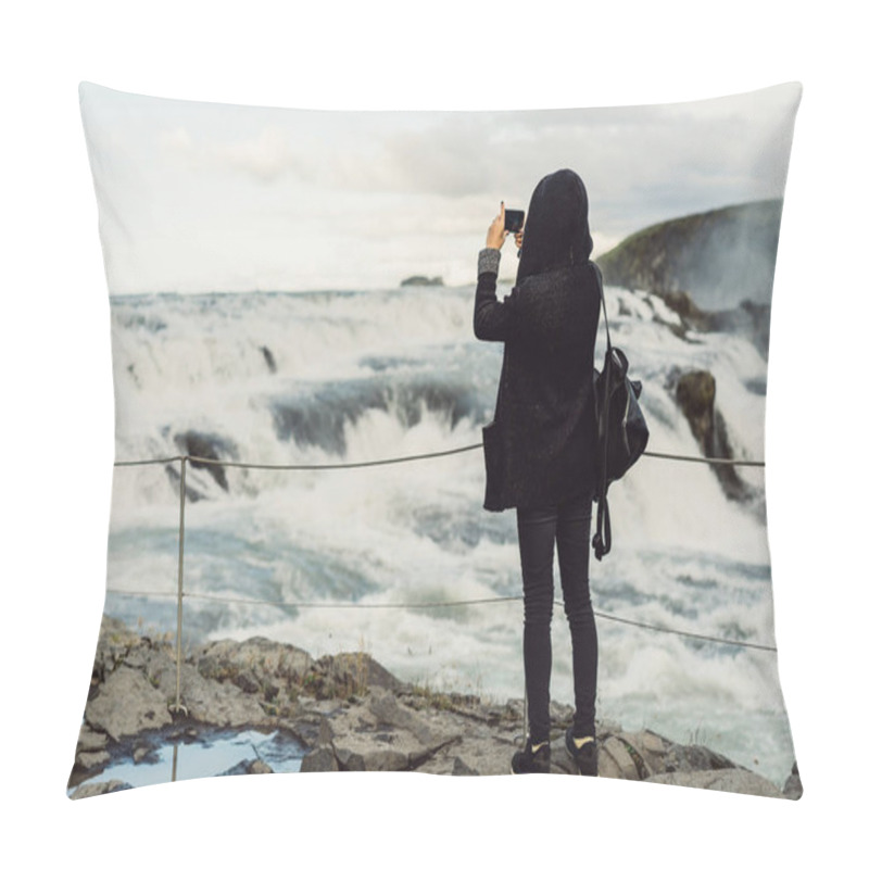 Personality  Back View Of Young Woman Photographing Majestic Waterfall In Iceland  Pillow Covers