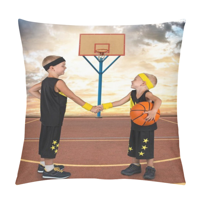 Personality  Two Brothers In The Form Of A Basketball Play In Street Basketball. Pillow Covers