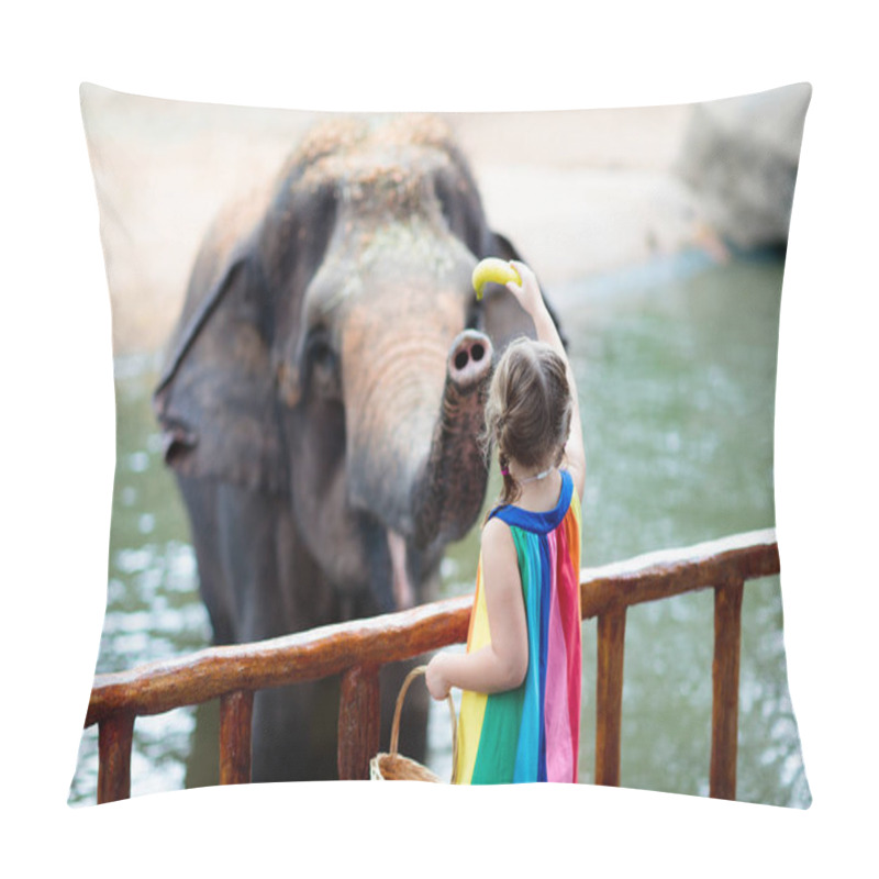 Personality  Family Feeding Elephant In Zoo. Children Feed Asian Elephants In Tropical Safari Park During Summer Vacation In Singapore. Kids Watch Animals. Little Girl Giving Fruit To Wild Animal. Pillow Covers