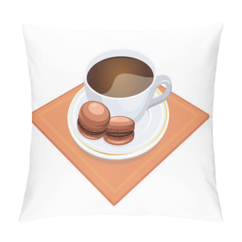 Personality  Cup Of Coffee And Macarons With Chocolate Filling Vector Illustration. Coffee Mug And Brown French Macaroons Icon Isolated On A White Background. Chocolate Macarons And Coffee Cup On Tablecloth Drawing Pillow Covers