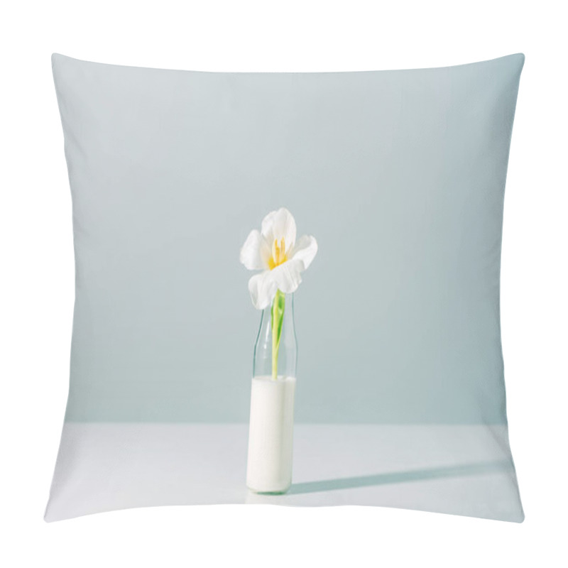 Personality  Beautiful White Tulip Flower In Bottle With Milk On Grey Pillow Covers