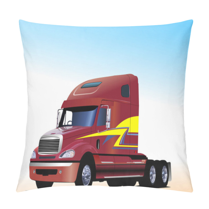 Personality  Shiny Red Semi Truck Cab Staying On A Desert Road Under Blue Sky, Ready For Transport Pillow Covers