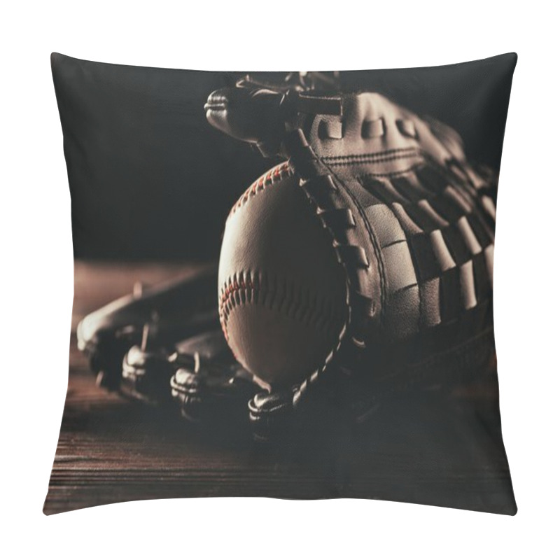 Personality  Close-up View Of Leather Baseball Ball And Glove On Wooden Table Pillow Covers