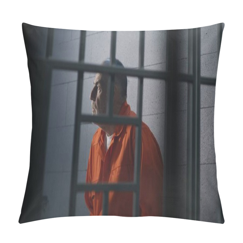 Personality  Elderly Criminal In Orange Uniform Sits On Prison Bed And Thinks About Freedom. Prisoner Serves Imprisonment Term In Jail Cell. Guilty Inmate In Detention Center Or Correctional Facility. Pillow Covers