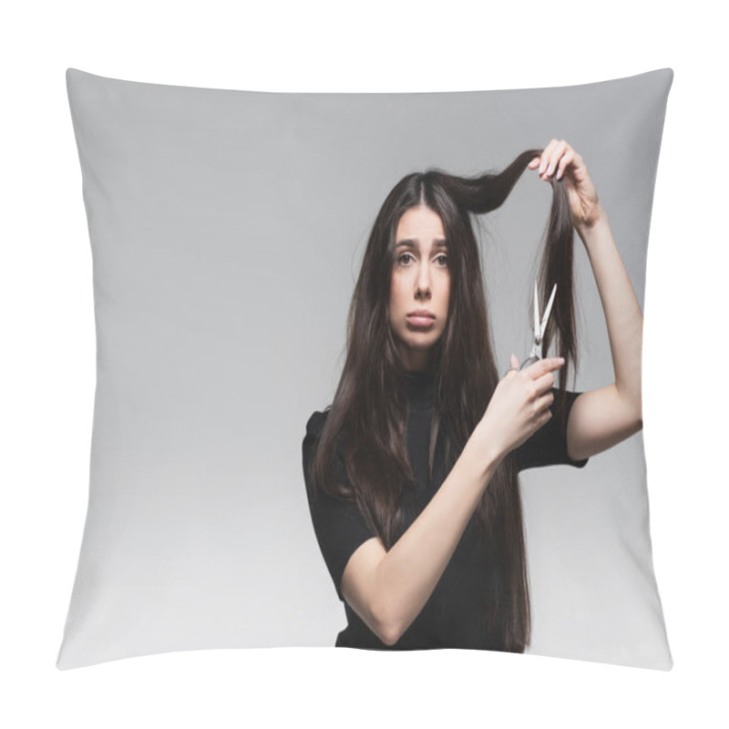 Personality  Upset Young Woman In Black Turtleneck Holding Scissors Near Long Damaged Hair Isolated On Grey Pillow Covers