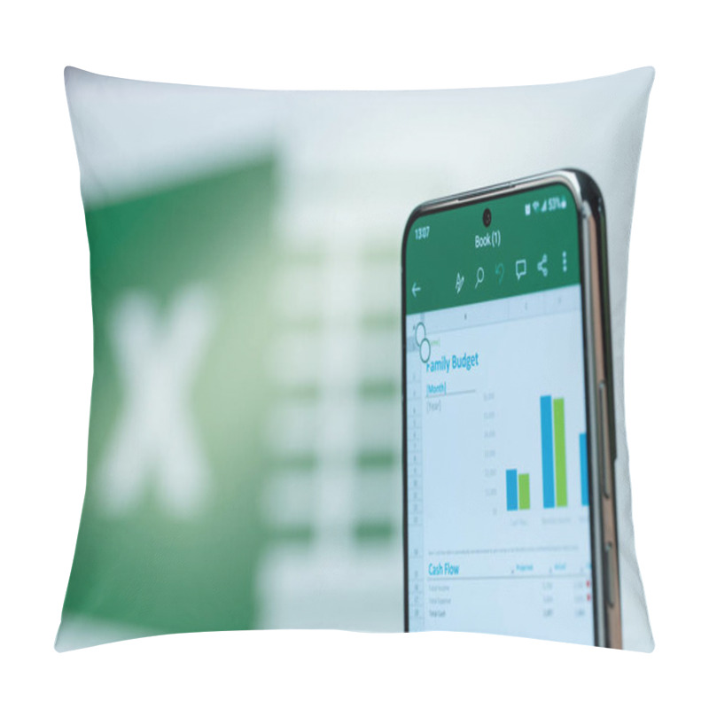 Personality  New York, USA - August 20, 2023: Working On Smartphone Using Microsoft Office Excel App On Smartphone Screen Close Up With Blurred Logo Background Pillow Covers