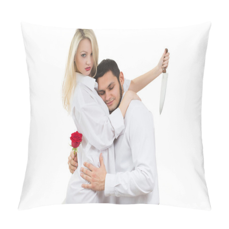 Personality  Girl Holding Knife Traitor. Man With Rose In His Hand. White Background Pillow Covers