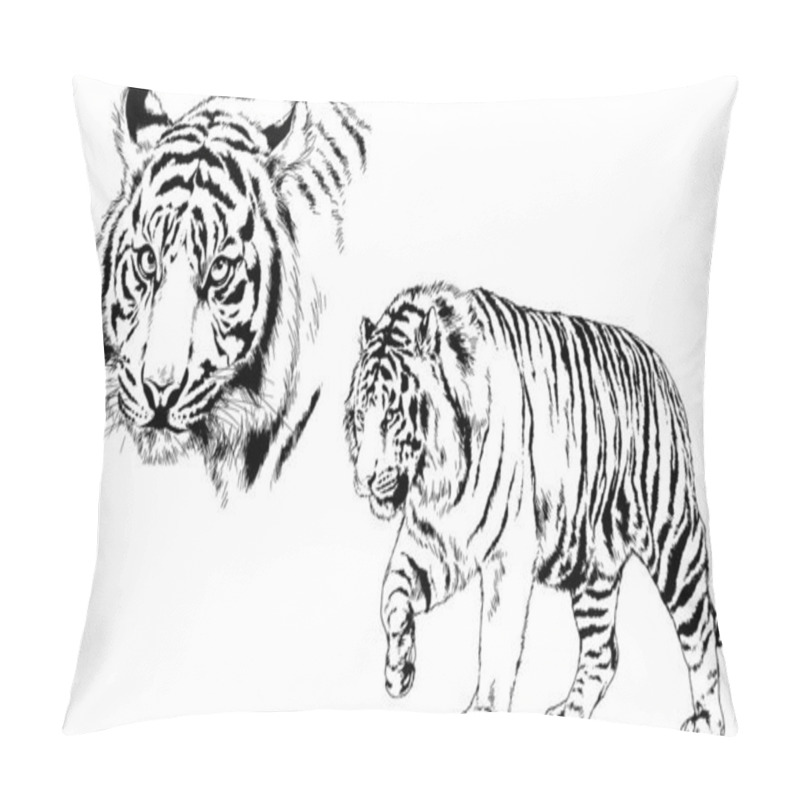 Personality  Set Of Vector Drawings On The Theme Of Predators Tigers Are Drawn By Hand With Ink Tattoo Logos Pillow Covers