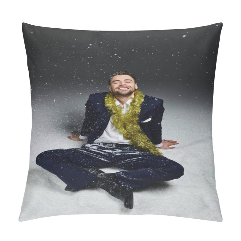 Personality  A Young Man Is Sitting In Soft Snow With A Cheerful Smile, Adorned With Festive Decorations. Pillow Covers