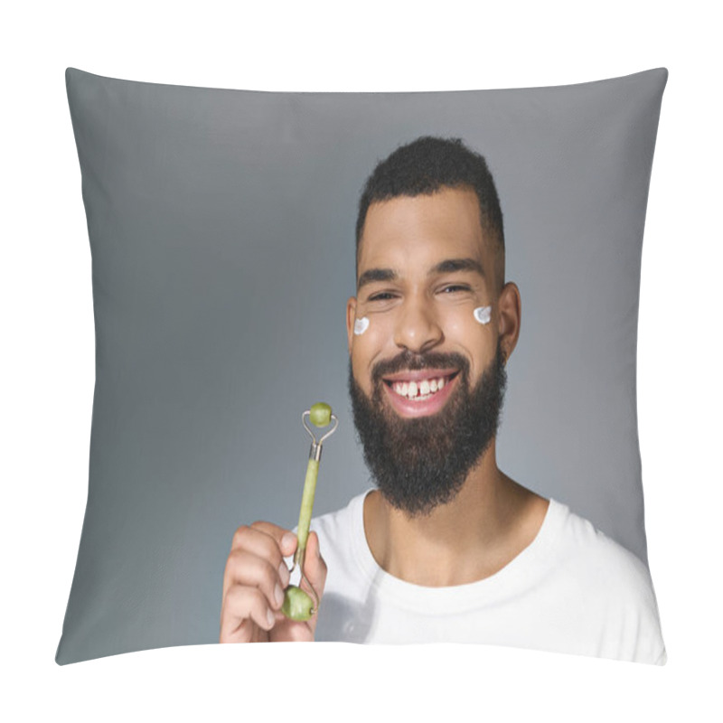 Personality  African American Cheerful Man With Cream On His Face Using Face Roller. Pillow Covers