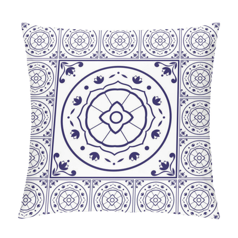 Personality  Blue White Tiles Floor Pattern Vector With Ceramic Cement Tiles. Big Tile In Center Is Framed. Background With Portuguese Azulejo, Dutch Delft, Italian Majolica, Mexican Talavera, Spanish Motifs. Pillow Covers