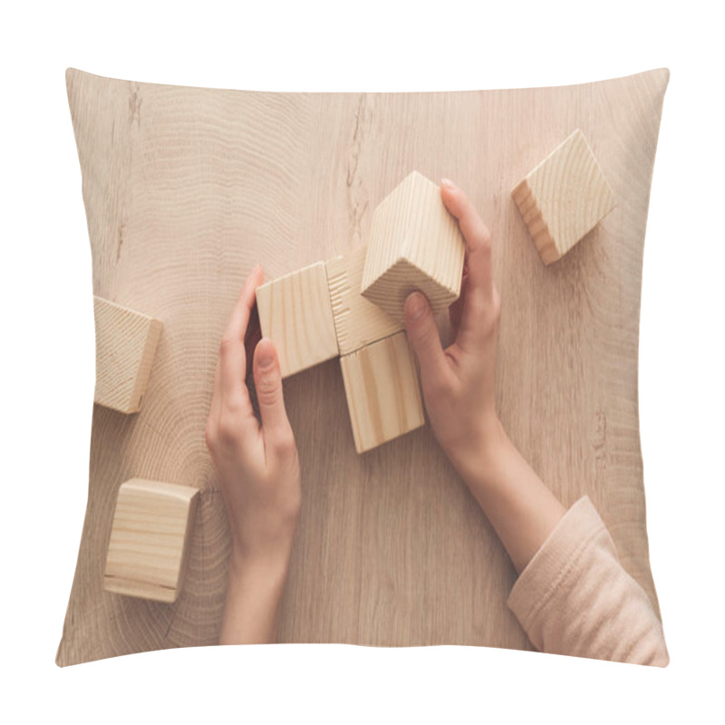 Personality  Cropped View Of Female Hands Near Blank Wooden Cubes Pillow Covers