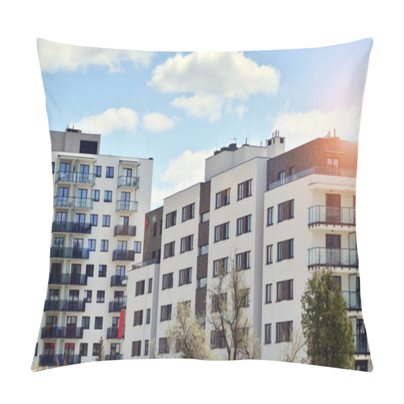 Personality  Ecology And Green Living In City, Urban Environment Concept. Modern Apartment Building And Green Trees. Ecological Housing Architecture. A Modern Residential Building In The Vicinity Of Trees. Pillow Covers