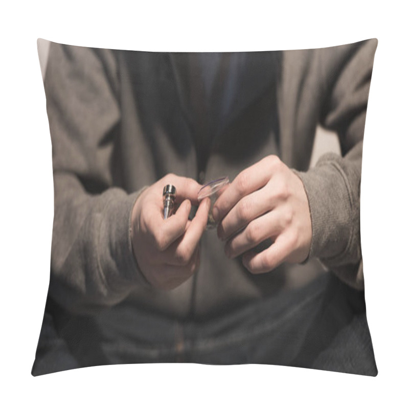 Personality  Selective Focus Of Man Holding Smoking Pipe And Pack Of Marijuana Pillow Covers