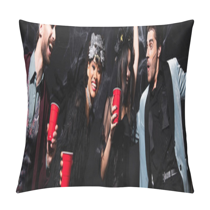 Personality  Cheerful Multicultural Friends In Halloween Costumes Dancing During Party On Black, Banner Pillow Covers