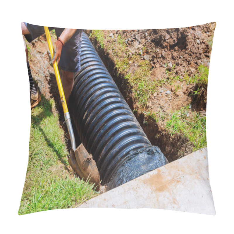 Personality  In Course Of Construction, Drainage Black Pipe Is Installed In Trench Pillow Covers