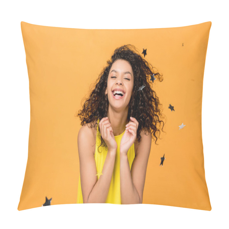 Personality  Curly African American Woman Smiling Near Shiny Confetti Stars On Orange  Pillow Covers