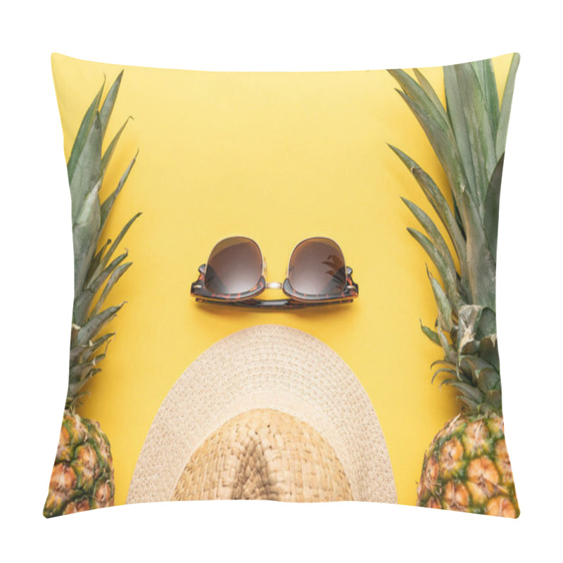 Personality  Top View Of Straw Hat And Sunglasses Near Pineapples On Yellow Background Pillow Covers