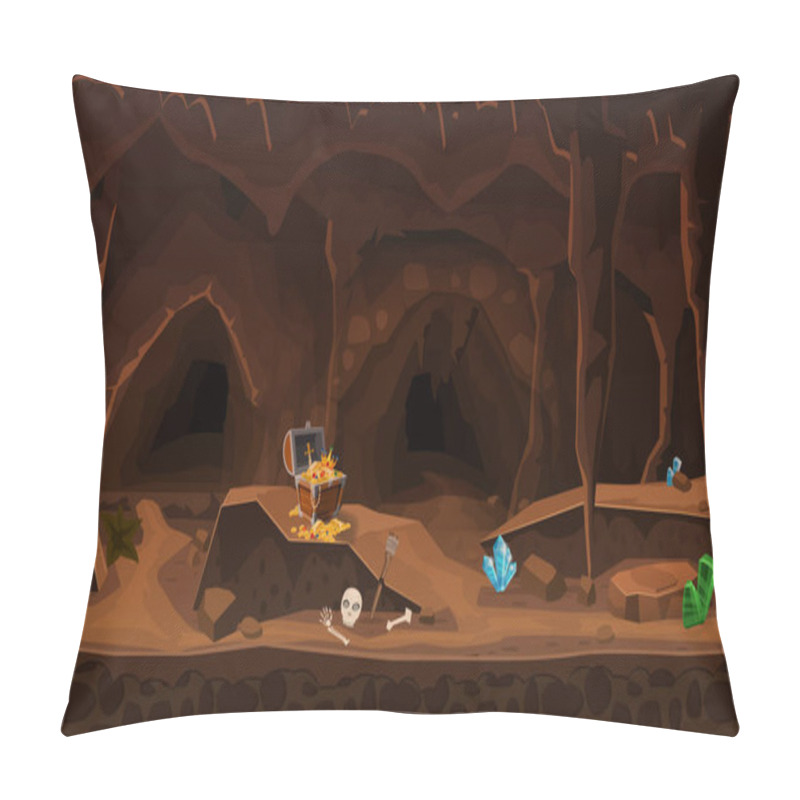 Personality  Treasure Cave With Chest Gold Coins, Gems. Concept, Art For Computer Game. Background Image To Use Games, Apps, Banners, Graphics. Vector Cartoon Illustration Pillow Covers