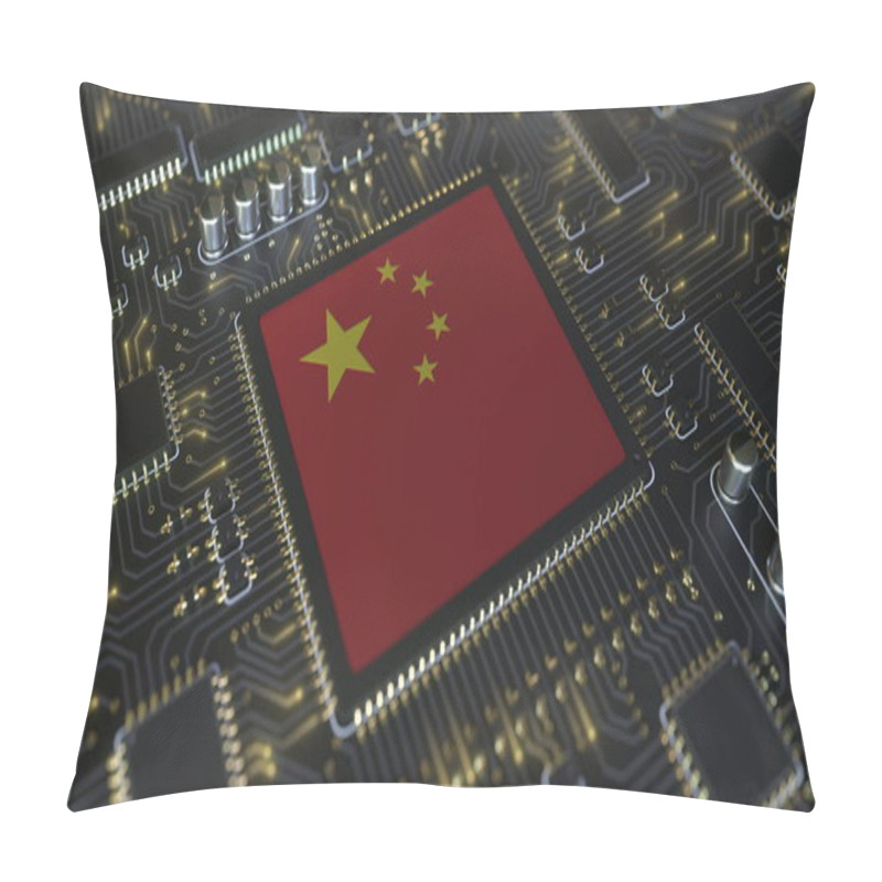 Personality  National Flag Of China On The Operating Chipset. Chinese Information Technology Or Hardware Development Related Conceptual 3D Rendering Pillow Covers