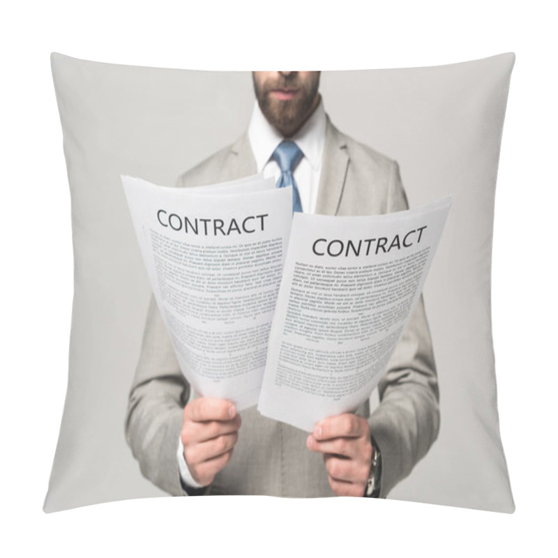 Personality  Cropped View Of Businessman Reading Contracts Isolated On Grey Pillow Covers