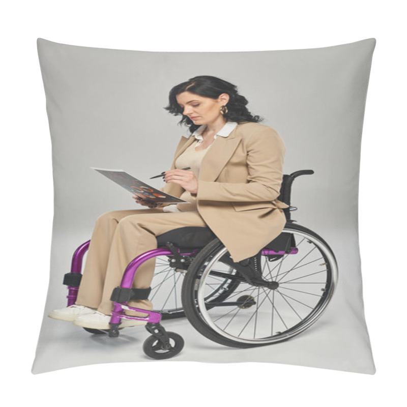 Personality  Disabled Confident Woman In Elegant Attire Sitting In Wheelchair And Working On Her Graphics Pillow Covers