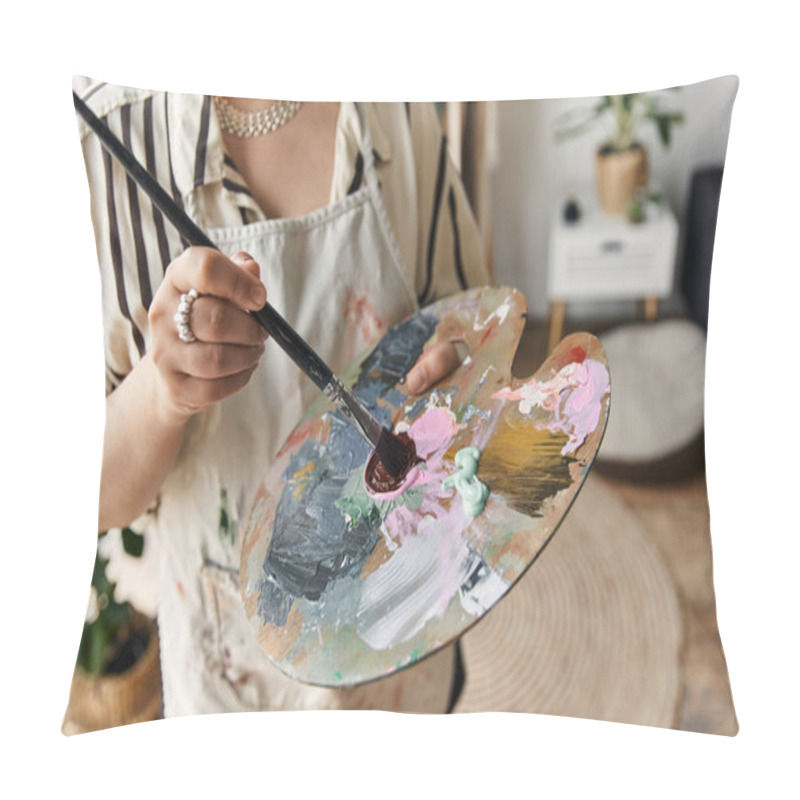 Personality  Young Woman Passionately Paints In Her Stylish Apartment During The Day. Pillow Covers