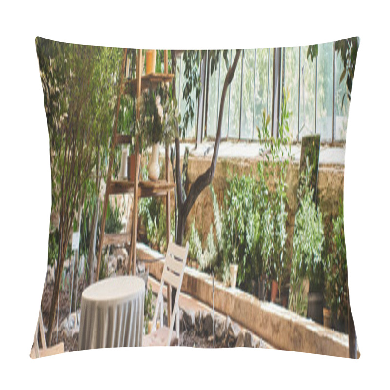 Personality  Banner Of Beautiful And Modern Greenhouse Interior With Wooden Rack, Garden Chairs And Round Table Pillow Covers