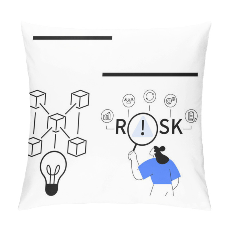 Personality  Blockchain Network Connected To A Lightbulb Symbolizing Innovation, Alongside A Figure Analyzing RISK Using A Magnifying Glass. Ideal For Blockchain, Innovation, Risk, Strategy, Problem-solving Pillow Covers