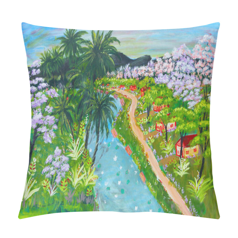 Personality  Small Rural Village Huts And Homes Along A Flowing River In A Tropical Country With Coconut Trees And Flowering Trees In Full Bloom Pillow Covers