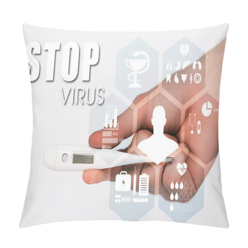 Personality  Cropped View Of Woman Holding Digital Thermometer Near Stop Virus Lettering On White  Pillow Covers