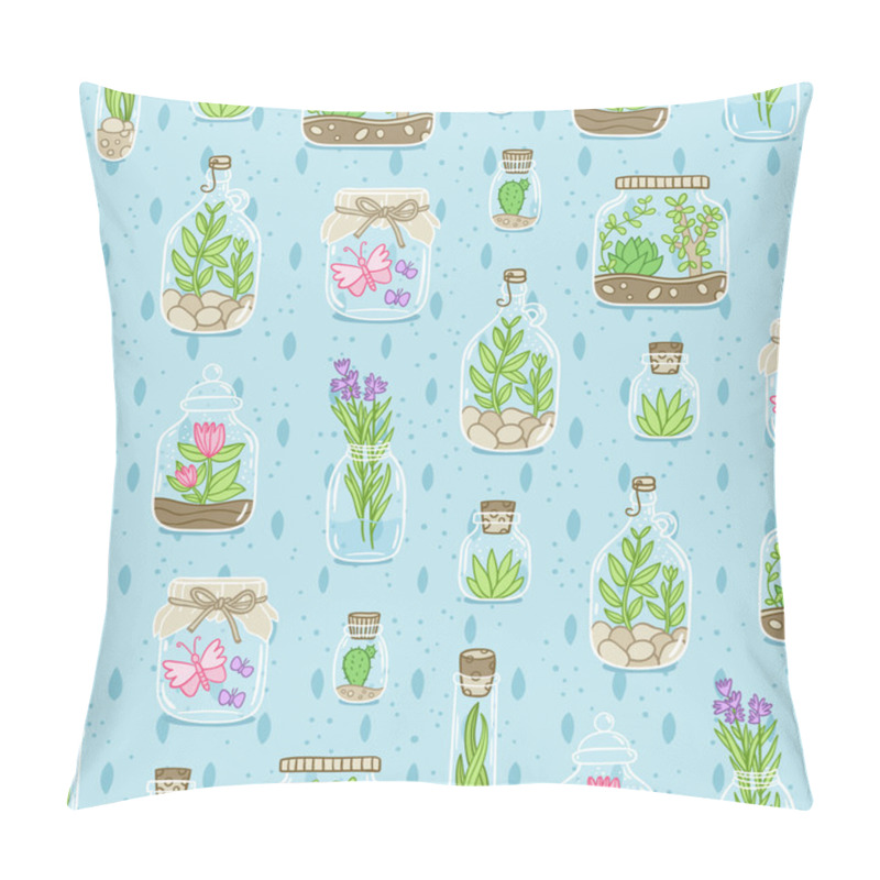 Personality  Terrariums On Blue Background Seamless Pattern Pillow Covers