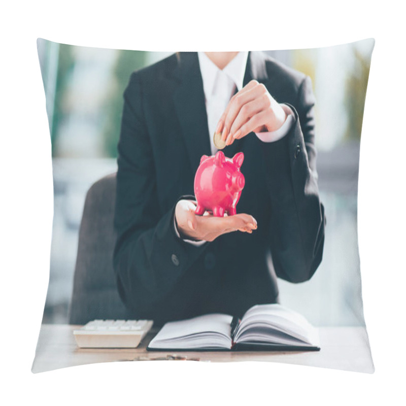 Personality  Cropped Shot Of Businesswoman Putting Coin Into Pink Piggy Bank  Pillow Covers