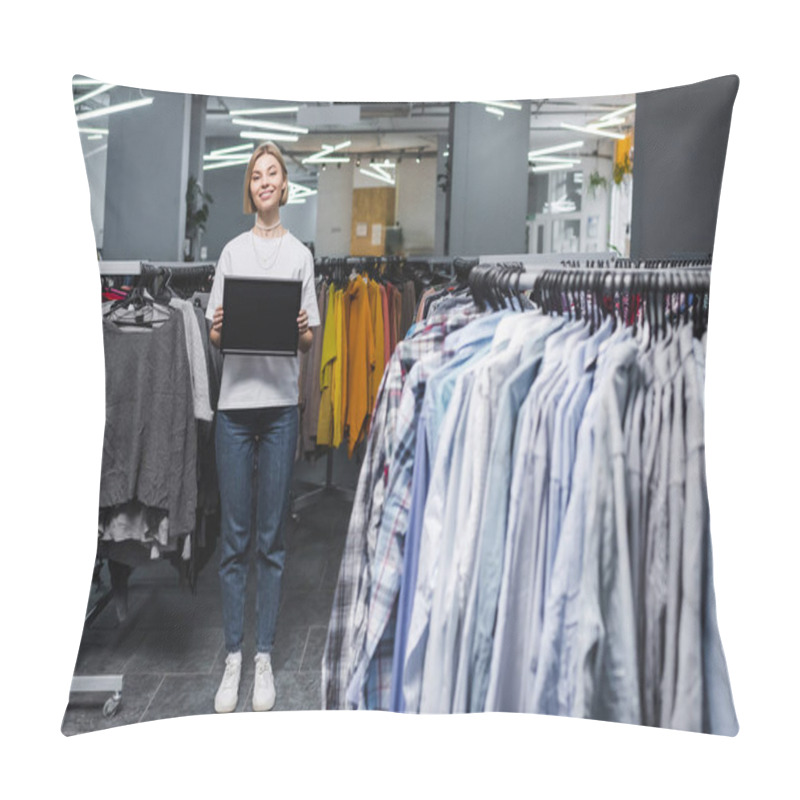 Personality  Smiling Saleswoman Holding Empty Board Near Clothes In Second Hand  Pillow Covers