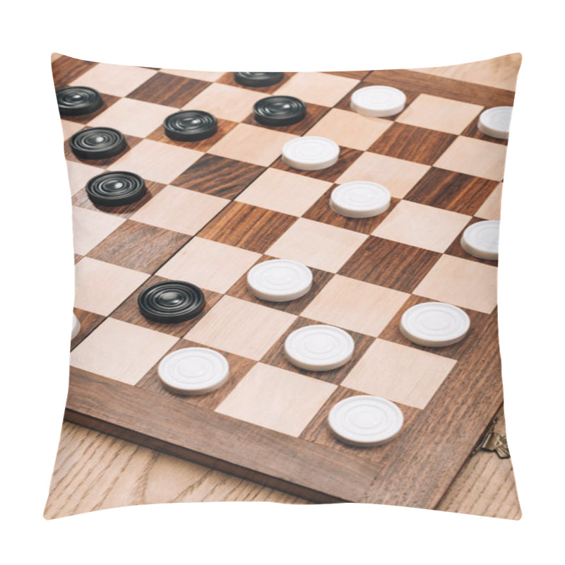 Personality  High Angle View Of Checkers On Checkerboard On Wooden Table Pillow Covers