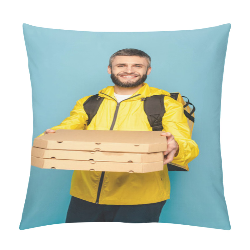 Personality  Smiling Deliveryman In Yellow Uniform With Backpack Holding Pizza Boxes On Blue Background Pillow Covers