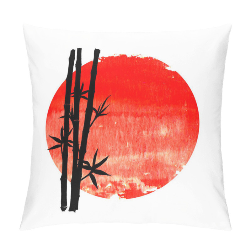 Personality  Black Silhouette Of Bamboo Stems And Leaves On Big Red Sun Isolated On Square White Background. Watercolor Hand Drawn Traditional Japanese Illustration With Space For Text. Pillow Covers