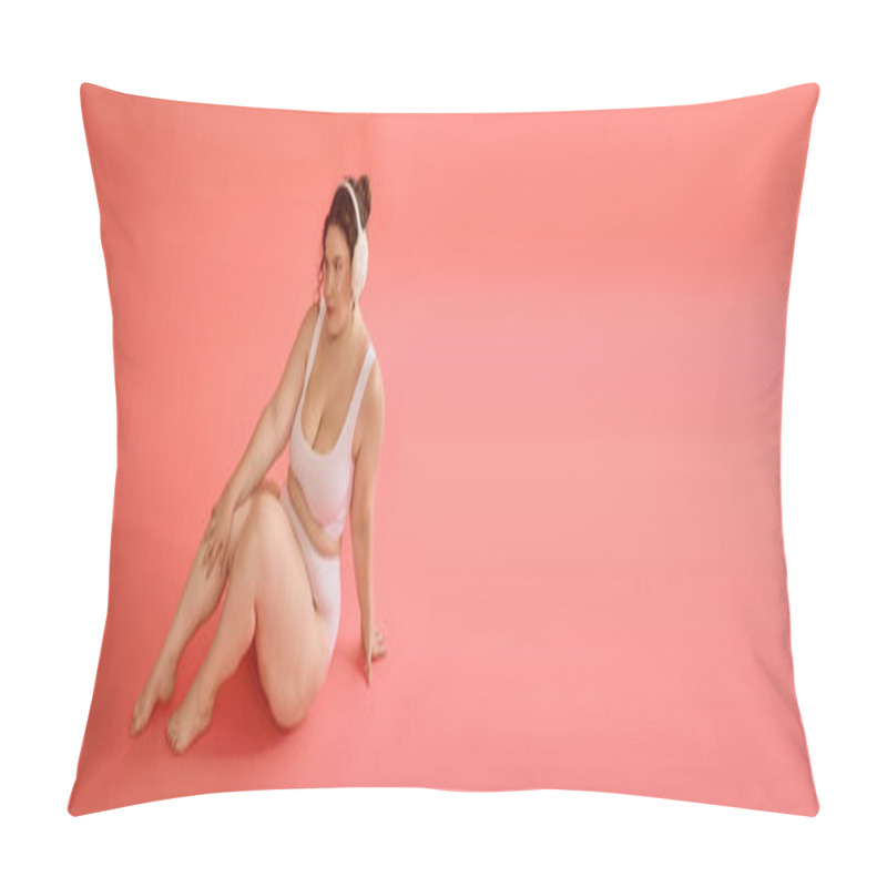 Personality  A Plus Size Woman Effortlessly Showcases Confidence And Style In A Chic, Pastel Environment. Pillow Covers