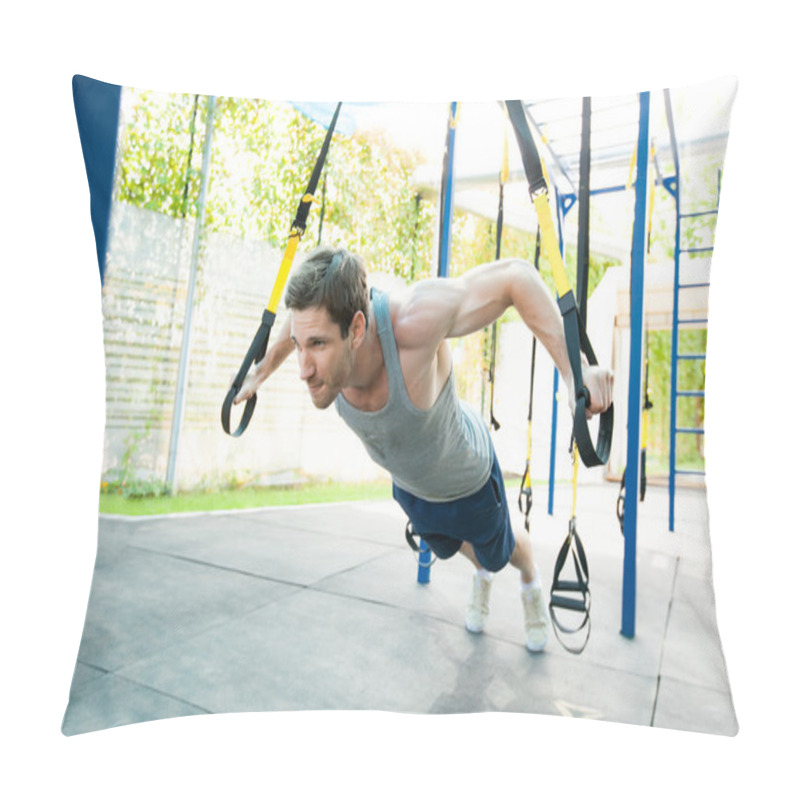 Personality  Man During Workout With Suspension Straps On The Street Pillow Covers