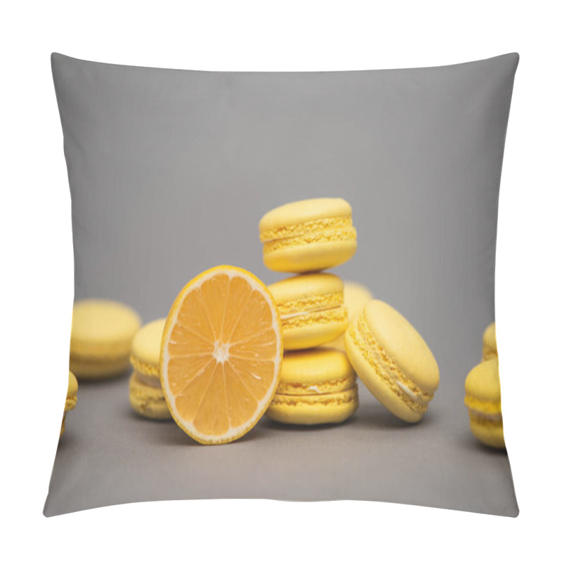 Personality  Delicious Yellow Macarons Near Half Of Juicy Lemon On Grey Background Pillow Covers